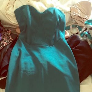 Strapless teal mini dress